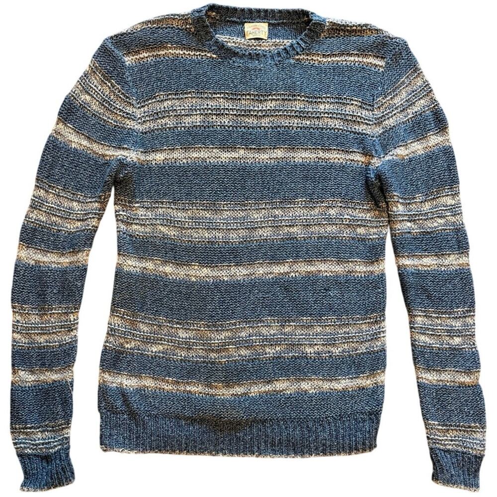 Faherty Brand Men Striped Crewneck Sweater Blue Tan Textured Cotton Pullover S